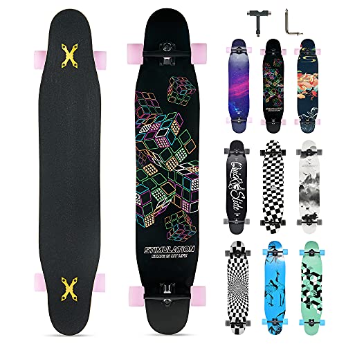 Opurtdor Longboard 118CM Profi Skateboard Komplettes Cruiser Trick 8 Etagen Ahornholz Wood Schwarzes Longboard für Anfänger Erwachsene Teens Mädchen Jungen (Buntes Zauberwürfel) von Opurtdor