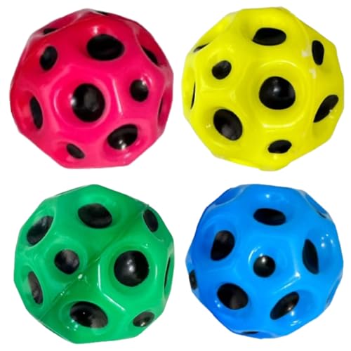 Oramics 4er Set Astro Jump Ball – Der springende und hüpfende Ball für Groß und Klein – Gummiball-Set in Blau, Rot, Gelb und Grün, In- und Outdoor Ball im Meteorit Design von Oramics