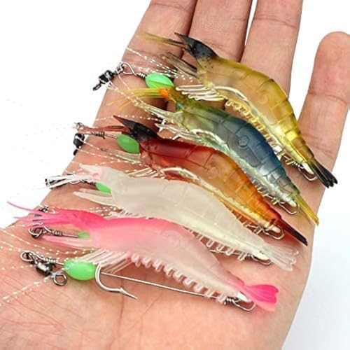 OriGlam 5pcs Soft Luminous Shrimp Lure Set, 5 Colours Shrimp Bait Shrimp Lures Fishing Kit Fishing Bait with Hooks Beads Fishing Tackles for Freshwater Saltwater Bass Trout Catfish Salmon von OriGlam