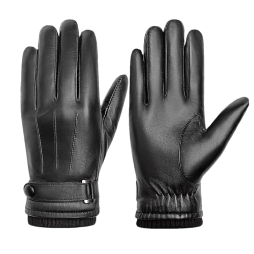 Ornrjfll Herren-Handschuhe aus echtem Leder, Schaffell, warm, Fleece, Touchscreen-Handschuhe, Fahren, Radfahren, Laufen, Ski-Handschuhe, S019, Schwarz, Größe L von Ornrjfll