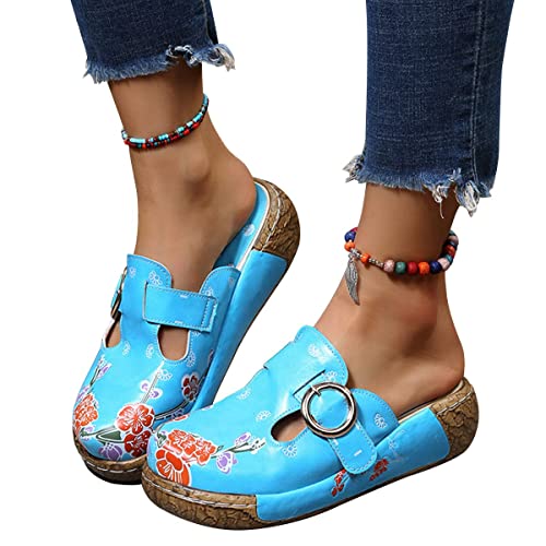 Osheoiso Damen Sandalen Sommer Clogs Hausschuhe Bequeme Support rutschfeste Atmungsaktiv Vintage Sandalette Schuhe Dicker Walking Flip Flop Gartenschuhe A Blau 39 EU von Osheoiso