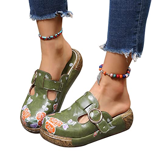 Osheoiso Damen Sandalen Sommer Clogs Hausschuhe Bequeme Support rutschfeste Atmungsaktiv Vintage Sandalette Schuhe Dicker Walking Flip Flop Gartenschuhe A Grün 38 EU von Osheoiso