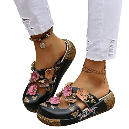 Osheoiso Damen Sandalen Sommer Clogs Hausschuhe Bequeme Support rutschfeste Atmungsaktiv Vintage Sandalette Schuhe Dicker Walking Flip Flop Gartenschuhe C Schwarz 37 EU von Osheoiso