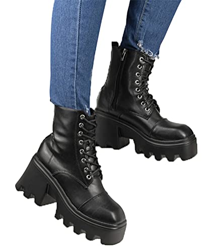 Osheoiso Damen Stiefeletten Biker Boots Plateau Schnürstiefel Blockabsatz Schuhe Freizeit Mode Frauen Stiefel mit Reißverschluss Schwarz 01 40 EU von Osheoiso