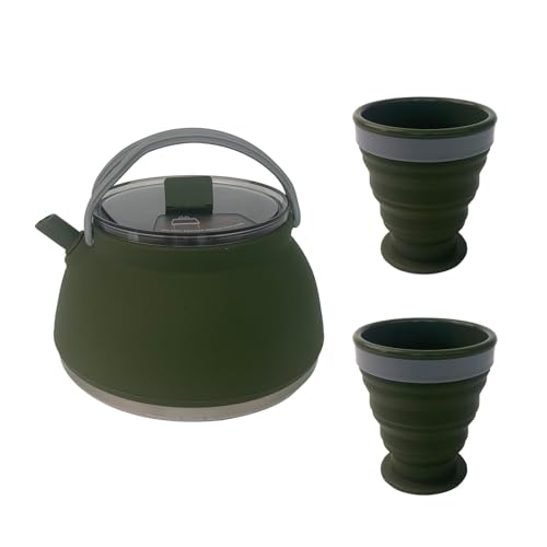 Oshhni 1,5 l Camping-Wasserkocher und 2 Tassen Set Reise-Wasserkocher Klappbarer Haushaltsküchen-Kochtopf Kaffeekanne für Rucksackreisen, dunkelgrün von Oshhni