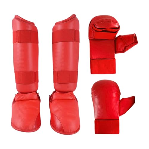 Oshhni Karate-Sparring-Ausrüstungsset, Schlaghandschuhe, Fußschutz, Boxhandschuhe, Schienbeinschoner mit Schuhwerk für Grappling, Erwachsene, Sanda, Rot, S von Oshhni