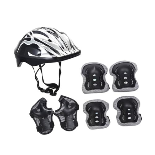 Oshhni Kinder-Fahrradhelm mit Knieschützern, tragbare Ausrüstung, Skateboard-Helm, Fahrradhelm für Skateboarden, Inlineskaten, Multisportarten, Silber Schwarz von Oshhni