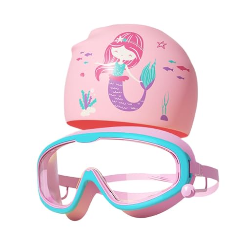 Oshhni Schwimmbrillen-Kappen-Set, elastische Kappe, Schwimmzubehör, Kinder-Schwimmmütze mit Schutzbrille für Mädchen, Rosa und Blau von Oshhni