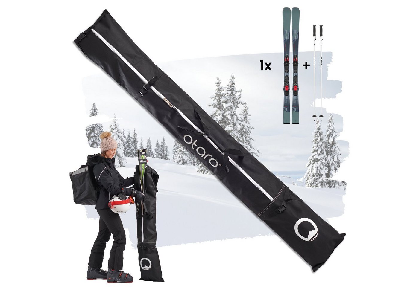 Otaro Skitasche Skitasche mit Schultergurt Skisack zum umhängen, Für 1 oder 2 Paar (Schutz für Ski & Stöcke, Perfekt durchdacht, Rolltop längenverstellbar, für Skifahren/Langlauf) von Otaro