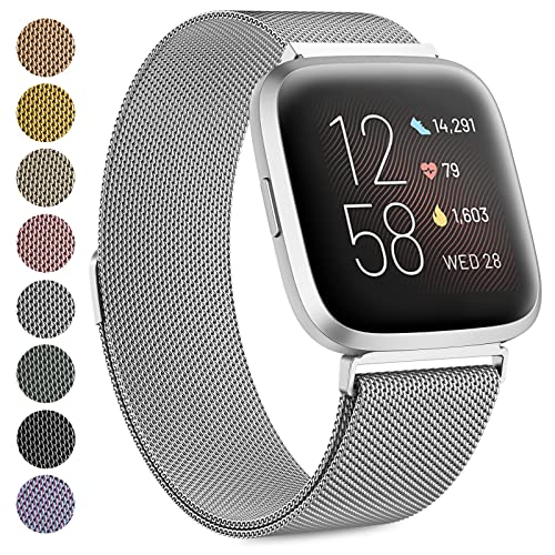 Oumida Armband für Fitbit Versa 2 Armband/Fitbit Versa Armband/Fitbit Versa Lite Armband für Damen Herren, Prämie Edelstahl Metall Ersatzarmband Armbänder mit Starker Magnet, Klein Silber von Oumida