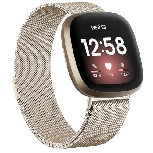 Oumida Armband für Fitbit Versa 3 Armband/Fitbit Versa 4 Armband/Fitbit Sense Armband/Sense 2 Armband für Damen Herren, Edelstahl Metall Ersatzarmband mit Starker Magnet, Klein Champagner Gold von Oumida