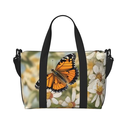 Reisetasche für persönliche Gegenstände, Handgepäck, Trainingshandtasche, leicht, wasserdicht, Sport, Turnbeutel, Frühling, Schmetterling, Blumen, Wochenendtasche für Damen und Herren, Schwarz , von Ousika