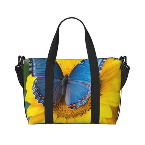 Reisetasche für persönliche Gegenstände, Handgepäck, Trainingshandtasche, leicht, wasserdicht, Sporttasche, Turnbeutel, Sonnenblumen-Blau, Schmetterling, Wochenendtasche für Damen und Herren, Schwarz von Ousika