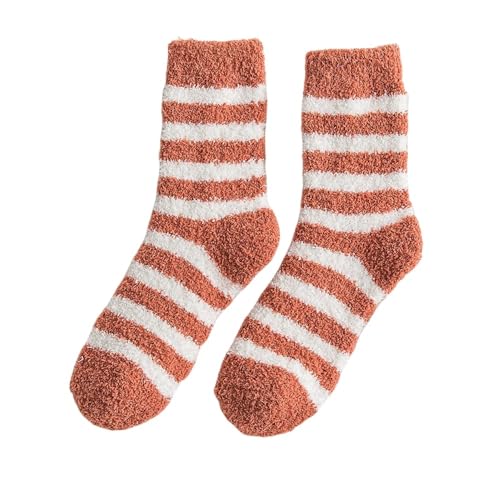 3 Paar warme Winter Bettsocken für Damen und Mädchen, gestreifte Komfort Slipper Socken, Dicke Flauschige Wintersocken, lässige Bodensocken, lässiges Zuhause, Schlafen, Orange von OutFyt