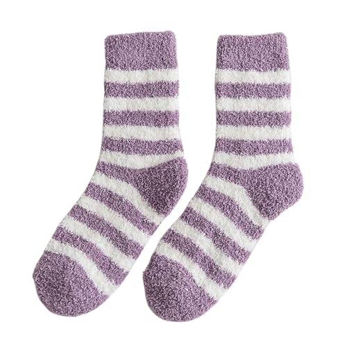 OutFyt 3 Paar warme Winter Bettsocken für Damen und Mädchen, gestreifte Komfort Slipper Socken, Dicke Flauschige Wintersocken, lässige Bodensocken, lässiges Zuhause, Schlafen, Lila von OutFyt