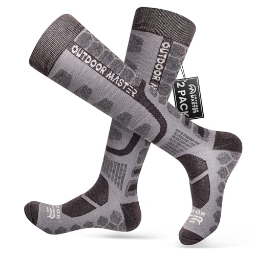 OutdoorMaster 2 Paar Unisex Merinowolle Kompression Skisocken für Damen & Herren, OTC Design/Anti-Rutsch-Bündchen Atmungsaktive Winter Thermal Socken für Snowboarden von OutdoorMaster