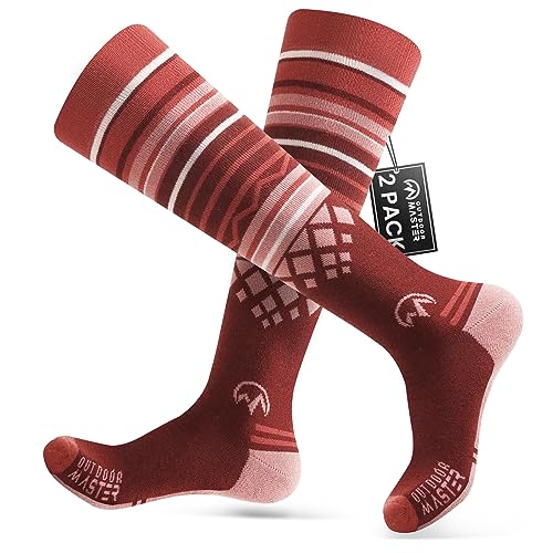 OutdoorMaster 2 Paar Unisex Merinowolle Skisocken für Damen & Herren, Winter Snowboarding Atmungsaktive Socken für Outdoor-Sportarten mit OTC Design/Anti-Rutsch-Bündchen von OutdoorMaster