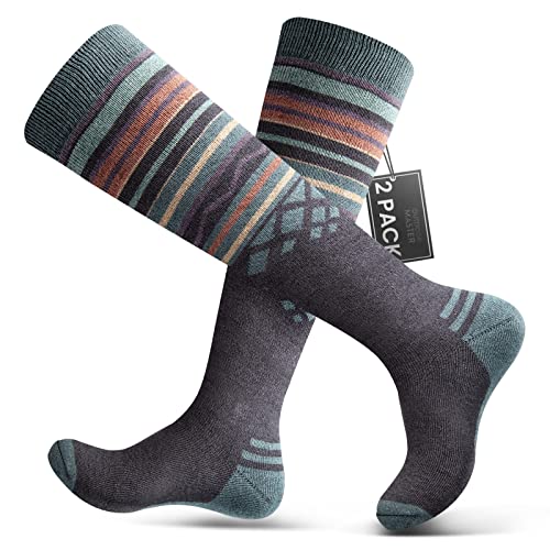 OutdoorMaster 2 Paar Unisex Merinowolle Skisocken für Damen & Herren, Winter Snowboarding Atmungsaktive thermische Socken für Outdoor-Sportarten mit Über die Wade Design/Anti-Rutsch-Bündchen von OutdoorMaster