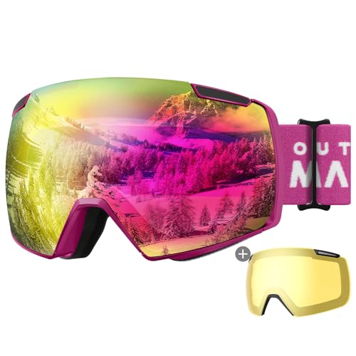 OutdoorMaster Heron Skibrille mit 2 Gläsern, rahmenlos, magnetisch austauschbare HD Toric Lens, OTG Snowboardbrille für Männer & Frauen, 100% UV-Schutz Snow Goggles (RevoPink Vlt 13% + Gelbe Linse) OutdoorMaster Heron Skibrille mit 2 Gläsern, rahmenlos, magnetisch austauschbare HD Toric Lens, OTG Snowboardbrille für Männer & Frauen, 100% UV-Schutz Snow Goggles (RevoPink Vlt 13% + Gelbe Linse) von OutdoorMaster