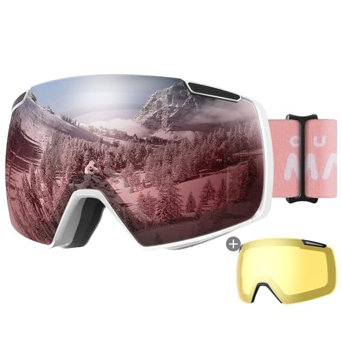 OutdoorMaster Heron Skibrille mit 2 Gläsern, rahmenlos, magnetisch austauschbare HD Toric Lens, OTG Snowboardbrille für Männer & Frauen, 100% UV-Schutz Snow Goggles (Rose Vlt 28% + Gelbe Linse) von OutdoorMaster