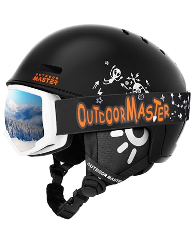 OutdoorMaster Kinder Skihelm & Skibrillenset, Snowboardhelm, Robuste PC-Schale & EPS-Schaum, Skihelm mit 12 Belüftungsöffnungen, Verstellbarer Helm, Sicherheitszertifizierte Helme für Jungen & Mädchen von OutdoorMaster