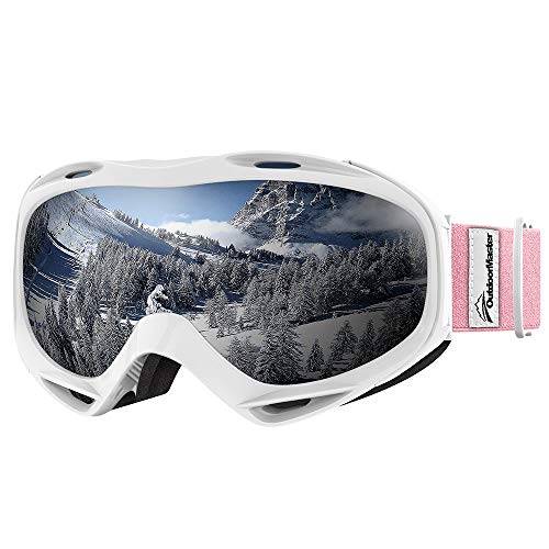 Premium Skibrille, Outdoormaster Snowboardbrille Schneebrille OTG 100% UV-Schutz, helmkompatible Ski Goggles für Damen&Herren/Jungen&Mädchen(Weißer Rahmen + VLT 10,2% graue Gläser) von OutdoorMaster