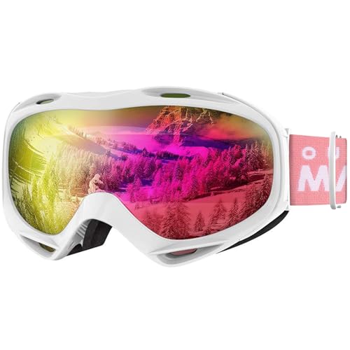 OutdoorMaster Premium Skibrille, Snowboardbrille Schneebrille OTG 100% UV-Schutz, helmkompatible Ski Goggles für Damen&Herren/Jungen&Mädchen(Weißer Rahmen + VLT 13% Pink Gläser mit vollem REVO Pink) von OutdoorMaster