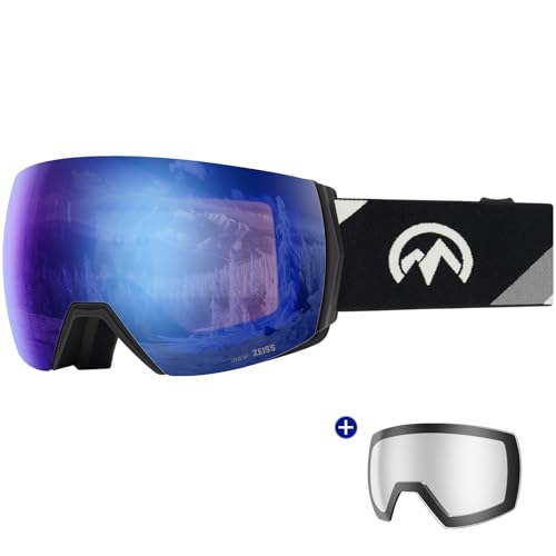 OutdoorMaster Ultra Ski Goggles Lens by ZEISS, OTG Snowboard Goggles Anti-Fog Wide View, Magnetic Interchangeable Lens, Snow Goggles für Männer & Frauen(Blue Vlt 27% + Clear Lens) von OutdoorMaster