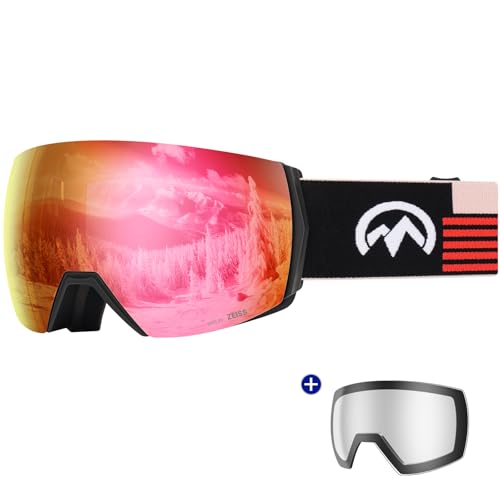 OutdoorMaster Ultra Ski Goggles Lens by ZEISS, OTG Snowboard Goggles Anti-Fog Wide View, Magnetic Interchangeable Lens, Snow Goggles für Männer & Frauen(Ruby Red Vlt 41% + Clear Lens) von OutdoorMaster