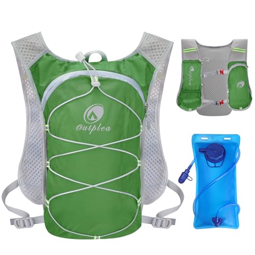 Outplea Ultraleicht Laufweste mit Trinkflasche 2L, Trinkrucksack Laufen für Damen Herren, Reflektierende Fahrradrucksack für Wandern Trailrunning Radfahren Joggen, Grün von Outplea