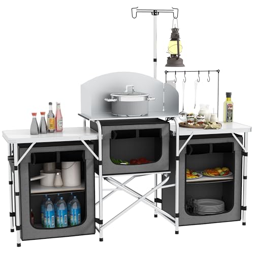Outsunny Campingküche klappbar, Outdoor Küche mit Windschutz, 3 Schränkfach, 3 Arbeitsplatten, Verstellbar Lichtständer, für Camping, Garten, Aluminium, Oxford, Grau Outsunny Campingküche klappbar, Outdoor Küche mit Windschutz, 3 Schränkfach, 3 Arbeitsplatten, Verstellbar Lichtständer, für Camping, Garten, Aluminium, Oxford, Grau von Outsunny