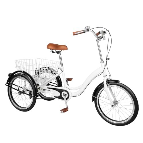 Owneed Dreirad für Erwachsene, 20 Zoll, 3 Räder, Citybike-Dreirad, verstellbare Sitzhöhe, mit Korb, 110 kg Belastbarkeit, für Outdoor-Aktivitäten (Weiß) von Owneed