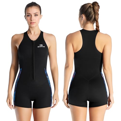 Owntop 2mm Shorty Neoprenanzug Damen – Frontreißverschluss Wetsuit zum Tauchen Surfen, Ärmellose Tauchanzüge Stretch Neopren für Wassersport, Rot M von Owntop