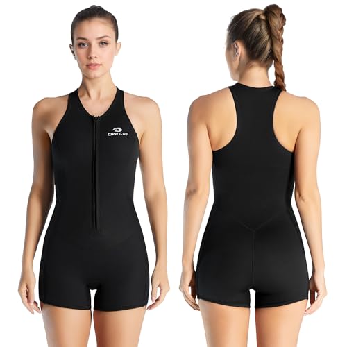 Owntop 2mm Shorty Neoprenanzug Damen – Frontreißverschluss Wetsuit zum Tauchen Surfen, Ärmellose Tauchanzüge Stretch Neopren für Wassersport, Schwarz XXL von Owntop