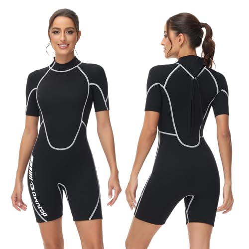 Owntop 3/2mm Shorty Neoprenanzug Damen - Rückenreißverschluss Wetsuit zum Tauchen Surfen, Kurzarm Tauchanzüge Stretch Neopren für Wassersport, Damen Schwarz L von Owntop