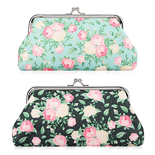 Oyachic 2 Packs Vintage Portemonnaie Floral Coin Purse Geldbörse Kiss Lock Wallet Spangenportemonnaie mit Clipverschluss Klickverschluss Geldbeutel (Schwarz + Blau) von Oyachic