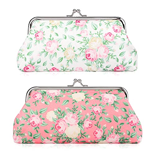 Oyachic 2 Packs Vintage Portemonnaie Floral Coin Purse Geldbörse Kiss Lock Wallet Spangenportemonnaie mit Clipverschluss Klickverschluss Geldbeutel (Weiß + Pink) von Oyachic