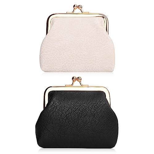 Oyachic 2 Stück Damen Leder Münzbörsen Leather Coin Purse Clip Portemonnaie mit Klippverschluss Klein Geldbörse Geldbeutel Kreditkartenetui (schwarz+beige) von Oyachic