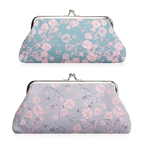 Oyachic 2 Stück Kiss Lock Münzbeutel Floral Coin Purses Portemonnaie Canvas Taschen Retro Blumen Geldbeutel Kleingeldbörse für Mädchen Damen (Grau +Azur) von Oyachic