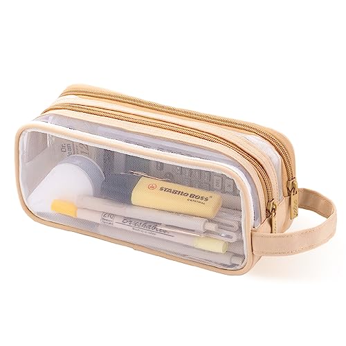 Oyachic Federmäppchen Durchsichtig Pencil Case Clear Federtaschen Doppelreißverschlüsse Damen Mäppchen Stifte Erwachsene Bleistift Beutel (Kaffee) von Oyachic