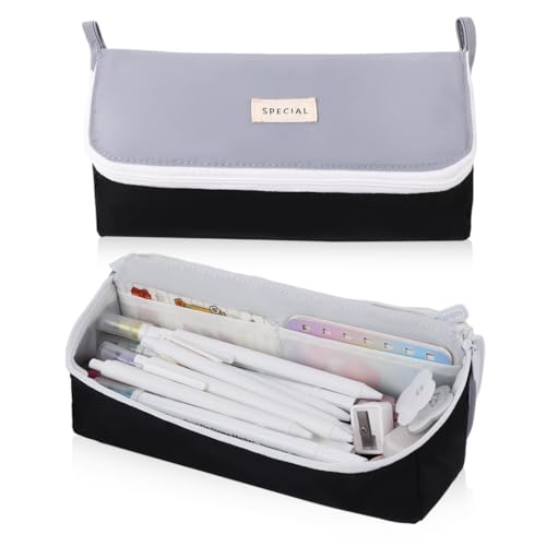 Oyachic Federmäppchen Pencil Case Flip-Top Federtaschen Mädchen Mäppchen Große Kapazität Etui Stifte Organizer Kosmetiktasche Reißverschluss für Büro (Grau) von Oyachic