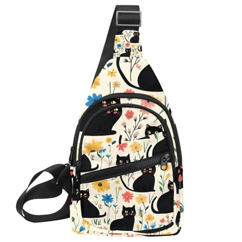 Damen Sling Rucksack, süße schwarze Katzen und Blumen (66), Multicolor 01, 11.8x7x1.5in/30x18x4cm von PAFEFO