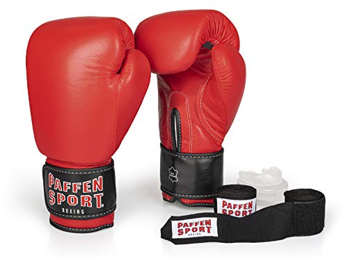 PAFFEN SPORT «Advanced» Box-Bundle, «KIBO Fight» Boxhandschuhe, rot, 14UZ.; «Allround» Bandage schwarz, 3,5 m; «Allround» Zahnschutz, transparent, ohne Mint von PAFFEN SPORT