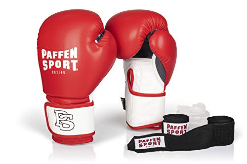 PAFFEN SPORT «Starter» Box-Bundle, «FIT» Boxhandschuhe, rot/weiß, 12UZ.; «Allround» Bandage schwarz, 3,5 m; «Allround» Zahnschutz, transparent, ohne Mint von PAFFEN SPORT