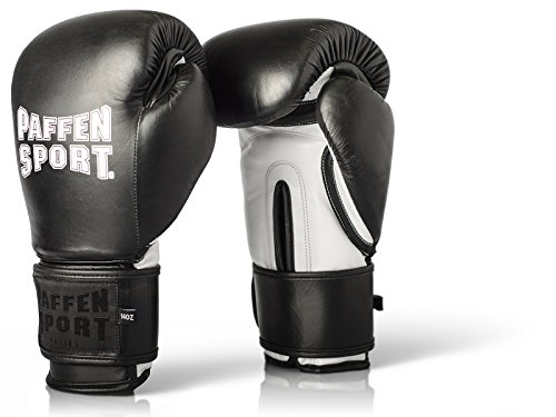 Paffen Sport «PRO Klett» Boxhandschuhe aus echtem Leder für das Training und Sparring im Kampfsport (Schwarz/Weiß, 10UZ) von PAFFEN SPORT