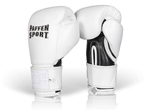 Paffen Sport «PRO Klett» Boxhandschuhe aus echtem Leder für das Training und Sparring im Kampfsport (Weiß/Schwarz, 14UZ) von PAFFEN SPORT