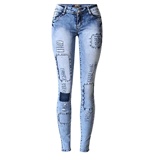 PAIHUIART Jeans Damen Hose Jeanshose Female Women Fit Relaxed Zerrissene Jeans Für Damen Löcher Skinny Jeans Slim Femme Damen Jeans Elastische Patchwork Pantalones 36 Blau von PAIHUIART