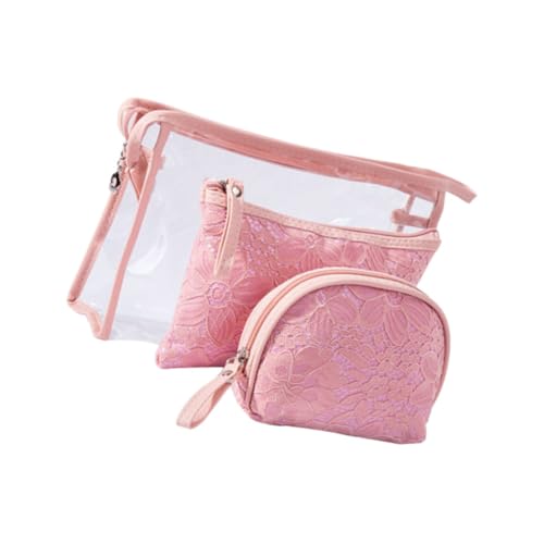 PAMINGONO 3 Teiliges Make Up Taschen Set Aus PVC Mit Spitze Rosa Kosmetik Aufbewahrungstaschen Für Damen Praktische Toilettenartikel Organizer Ideal Für Reisen Und Zuhause von PAMINGONO