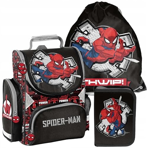 PASO Spiderman - Mega Set - 3-teiliges- Rucksack, Federmäppchen, Schuhtasche – Muster: Spiderman von PASO