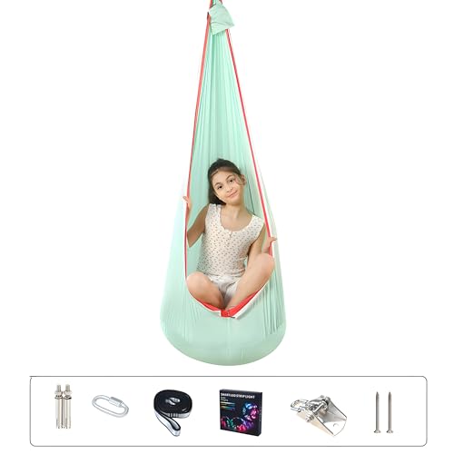 Aerial Yoga Towel - Sensory Therapy Swing, Yoga Towel for Hanging, Indoor Hanging Hammock Swing with LED Lights, Sensory Pod Swing Chair with Inflatable Pillow Pod Swing for Indoor Outdoor(Color:Hellg von PASPRT